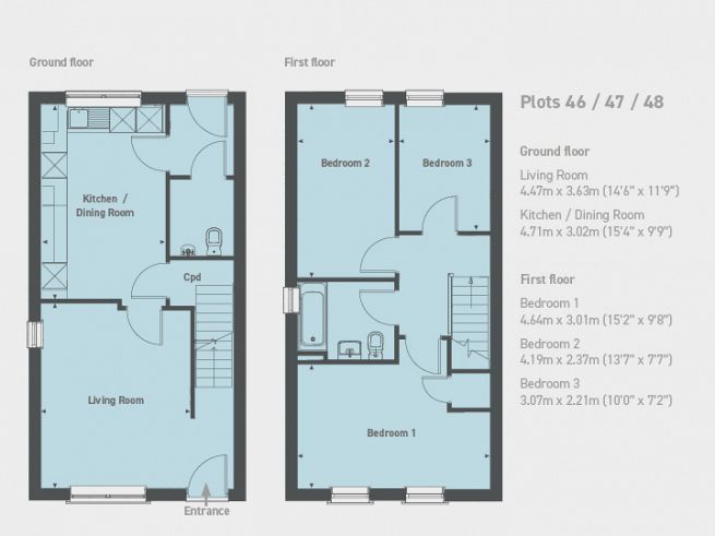Floor plan 3 bedroom houses, plots 46, 47 and 48 - artist's impression subject to change